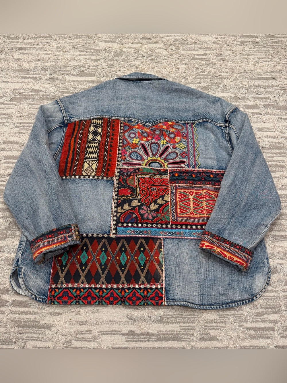 Desigual Denim Jacket Women’s Large Patchwork Boho Embroidered Aztec Floral Rare